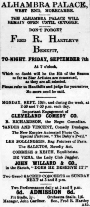 A 1906 Advertisement for the Alhambra Palace, Morecambe - From the Lancaster Standard and County Advertiser, 7th September 1906.