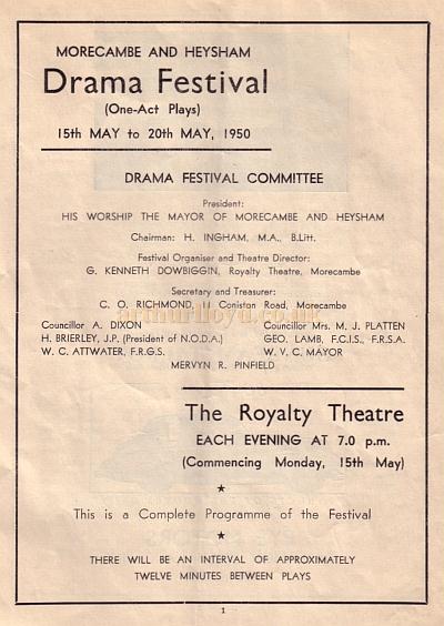 A programme for the Morecambe and Heysham Drama 'One Act Play Festival' - Kindly donated by David Lowndes.