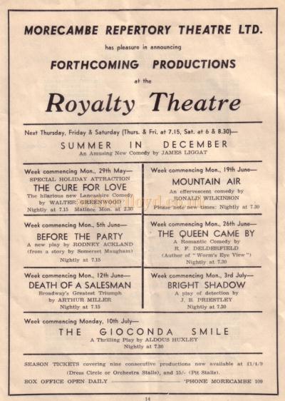 A page from a programme for the Morecambe and Heysham Drama 'One Act Play Festival' detailing the forthcoming productions in December 1950 at the Royalty Theatre, Morecambe - Kindly donated by David Lowndes.