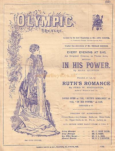 A Programme for the Olympic Theatre, Wych Street, London 