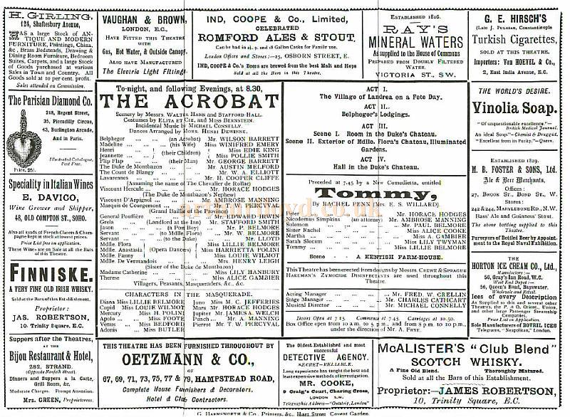 A Programme for 'The Acrobat' which opened at the New Olympic Theatre, Wych Street, Strand on the 21st of April 1891 - Courtesy Ken Claydon.