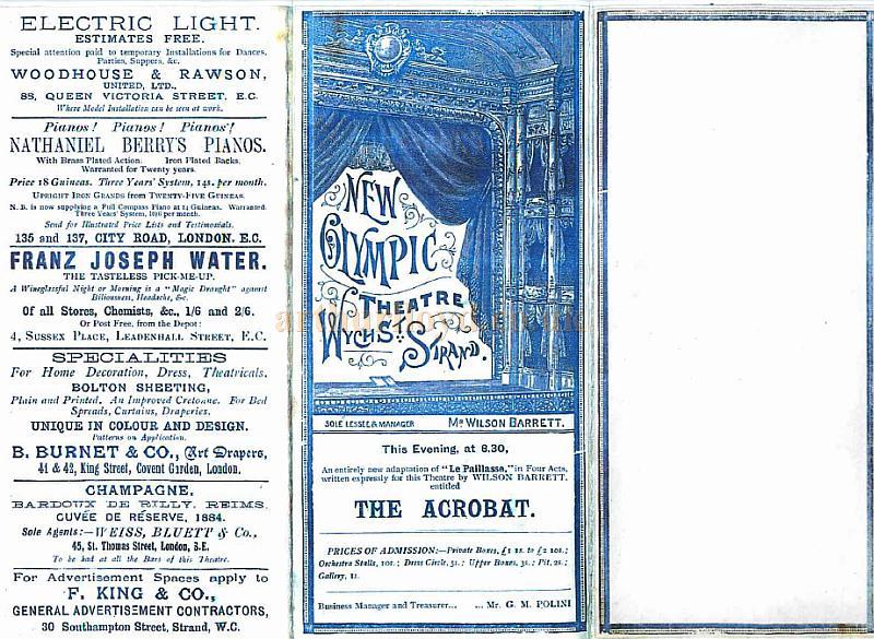 A Programme for 'The Acrobat' which opened at the New Olympic Theatre, Wych Street, Strand on the 21st of April 1891 - Courtesy Ken Claydon.