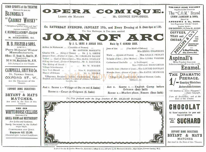 A Programme for 'Joan Of Arc' which opened at the Opera Comique on the 17th of January 1891 - Courtesy Ken Claydon. 