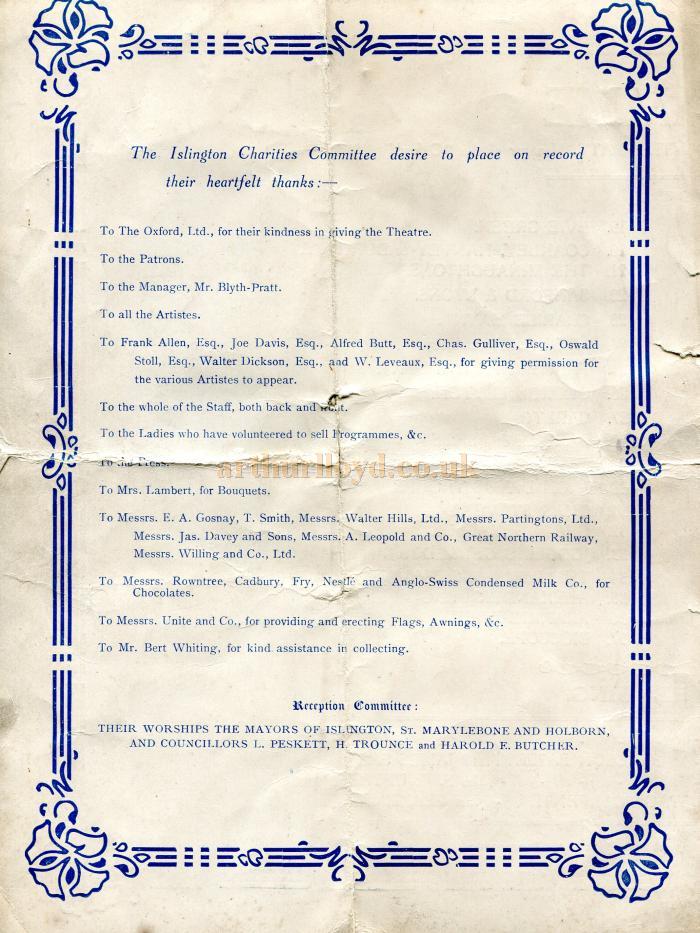 A Programme for the Oxford Music Hall, London in 1913