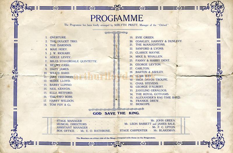 A Programme for the Oxford Music Hall, London in 1913