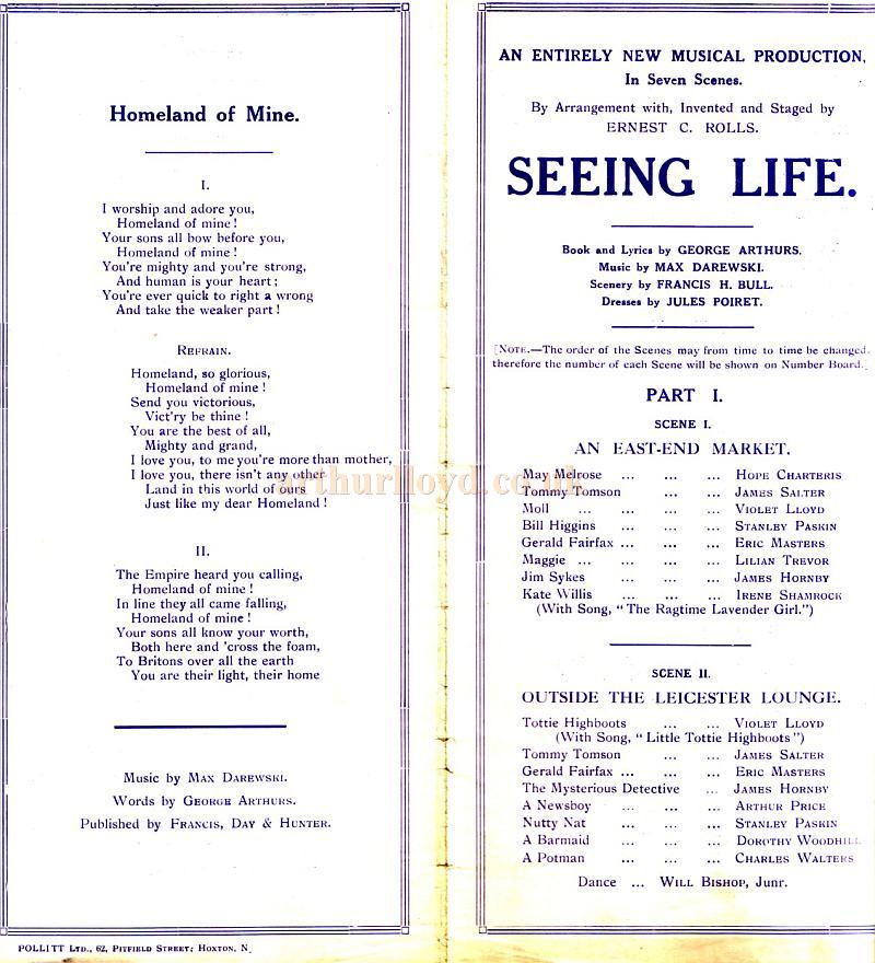 A Programme for 'Seeing Life' at The Oxford Music Hall Feb 19th 1917 - Generously donated by Mr. John Moffatt
