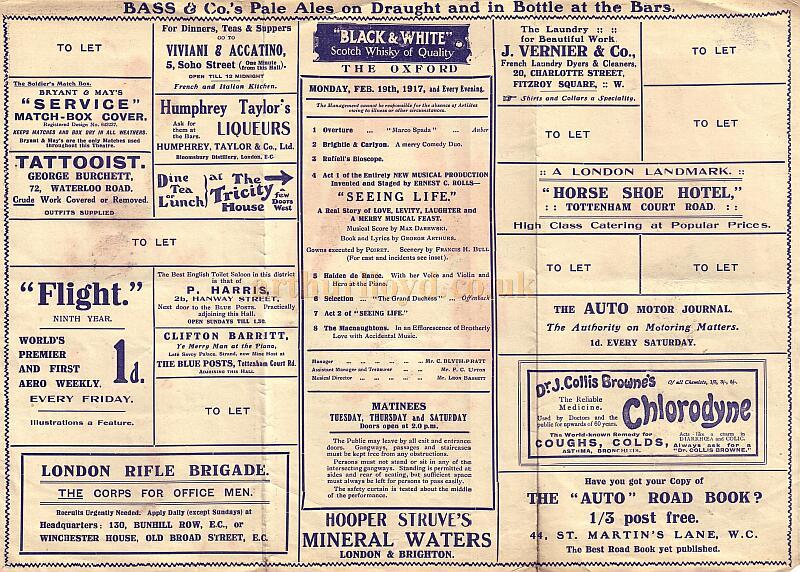 A Programme for 'Seeing Life' at The Oxford Music Hall Feb 19th 1917 - Generously donated by Mr. John Moffatt