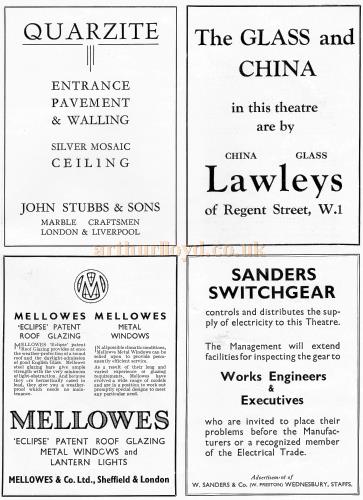 Advertisements for 'Malcolm Macleod Pre-Cast Reinforced Concrete Staircases', 'Korkoid Flooing', 'The Expanded Metal Co., Ltd', 'John Strubbs & Sons', Lawleys', Mellowes', and 'Sanders Switchgear- From the New Theatre's opening souvenir brochure in February 1934.
