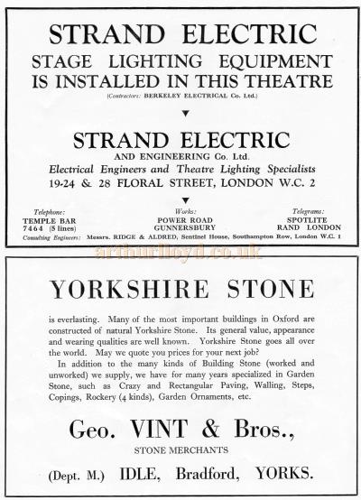 An advertisement for the 'Strand Electric' and 'Vint & Bros Yorkshire Stone' - From the New Theatre's opening souvenir brochure in February 1934. 