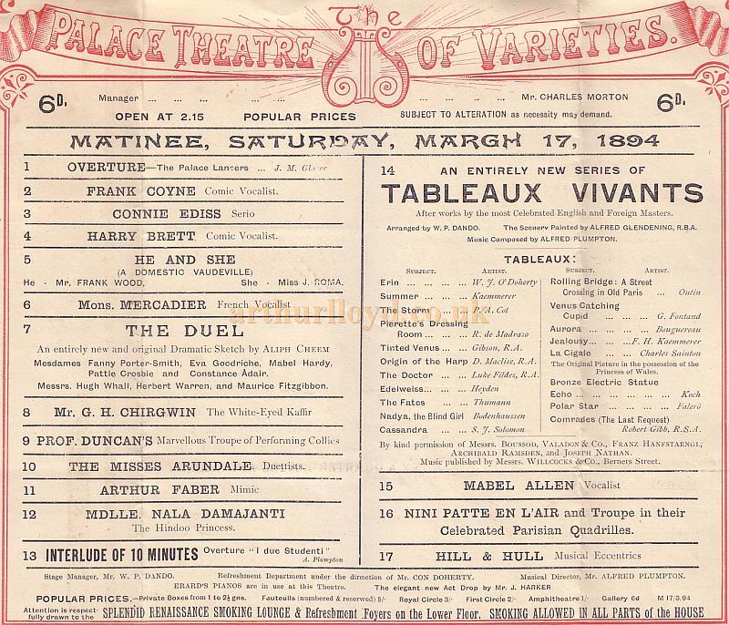 Programme for the Palace Theatre of Varieties March 17th 1894