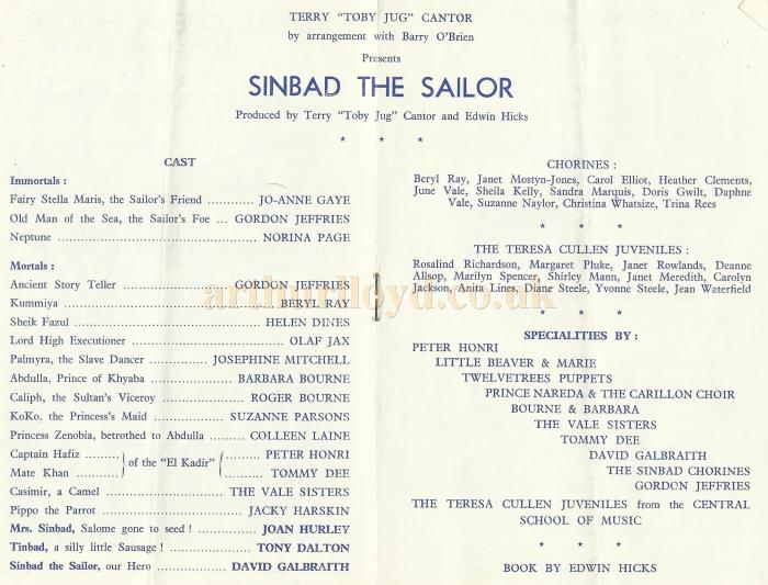 Cast details from a programme for 'Sinbad the Sailor' at the Royal Opera House, Leicester in 1959 - Courtesy David Garratt.