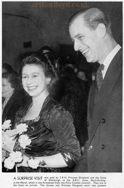 Princess Elizabeth and the Duke of Edinburgh at the Paris Studios for a recording of 'Much Binding in the Marsh' in 1949 - From The Tatler, 12th of January 1949.