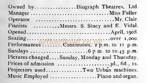 Details of the Parkhurst Theatre as a Cinema - From the Cinema News and Property Gazette, January 8th 1913.