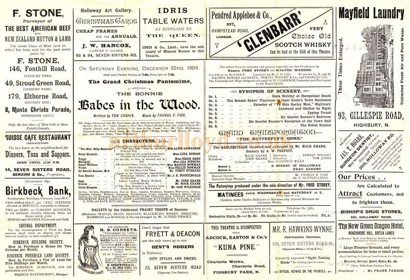 A Programme for the Pantomime 'Babes in the Wood' at the Parkhurst Theatre in December 1894.