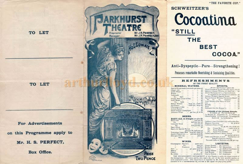 A Programme for the Pantomime 'Babes in the Wood' at the Parkhurst Theatre in December 1894.