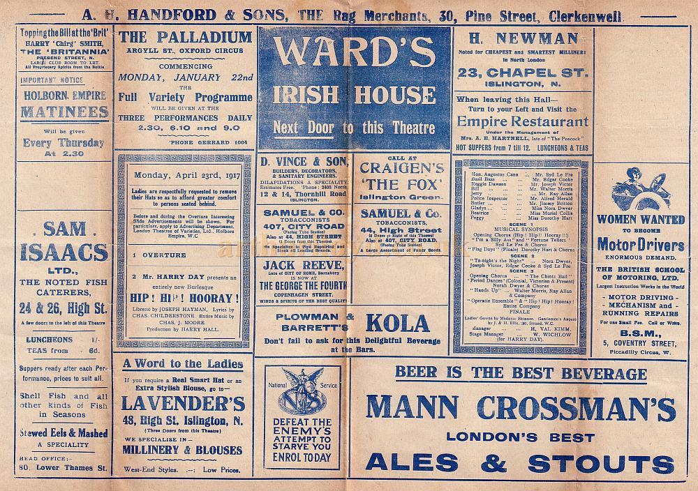 A Programme for 'Hip Hip Hooray!' at the Islington Empire in 1917