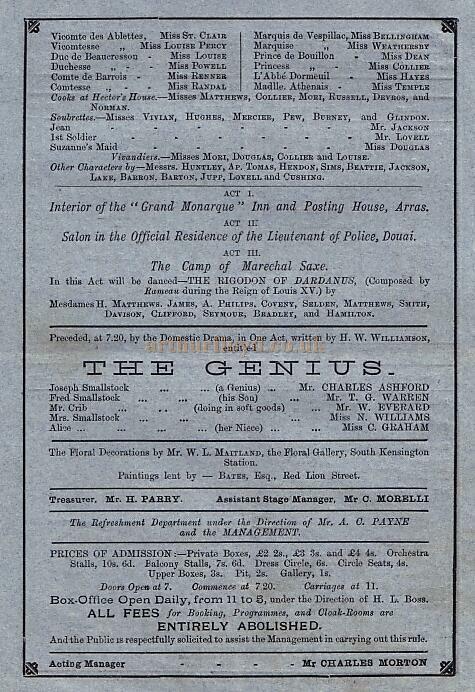 A Programme for 'Madame Favart' at the Royal Avenue Theatre Circa 1880s - The acting manager at the time was Charles Morton 