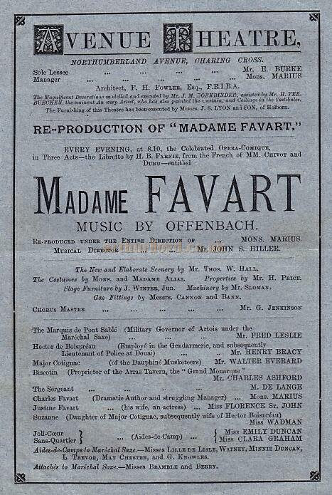 A Programme for 'Madame Favart' at the Royal Avenue Theatre Circa 1880s
