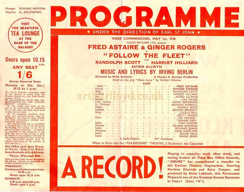 A Programme for the Plaza Theatre, London