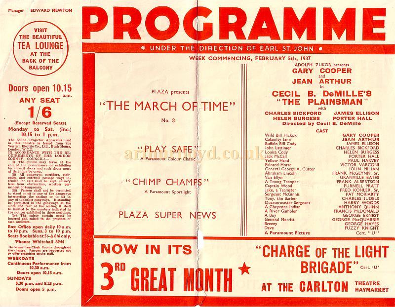 A Programme for the Plaza Theatre, London
