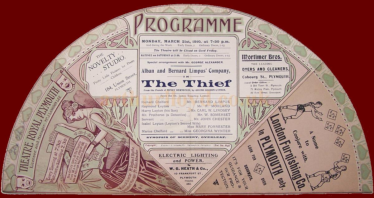 A programme in the form of a fan, for 'The Thief' at the Theatre Royal, Plymouth for the week beginning on Monday March the 21st 1910 