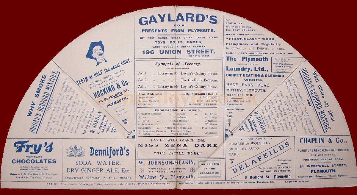A programme in the form of a fan, for 'The Thief' at the Theatre Royal, Plymouth for the week beginning on Monday March the 21st 1910 