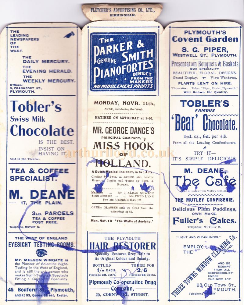 A Programme which converts into a Fan for a production of George Dance's Company in 'Miss Hook of Holland' at the Theatre Royal, Plymouth on Monday the 11th of November 1907