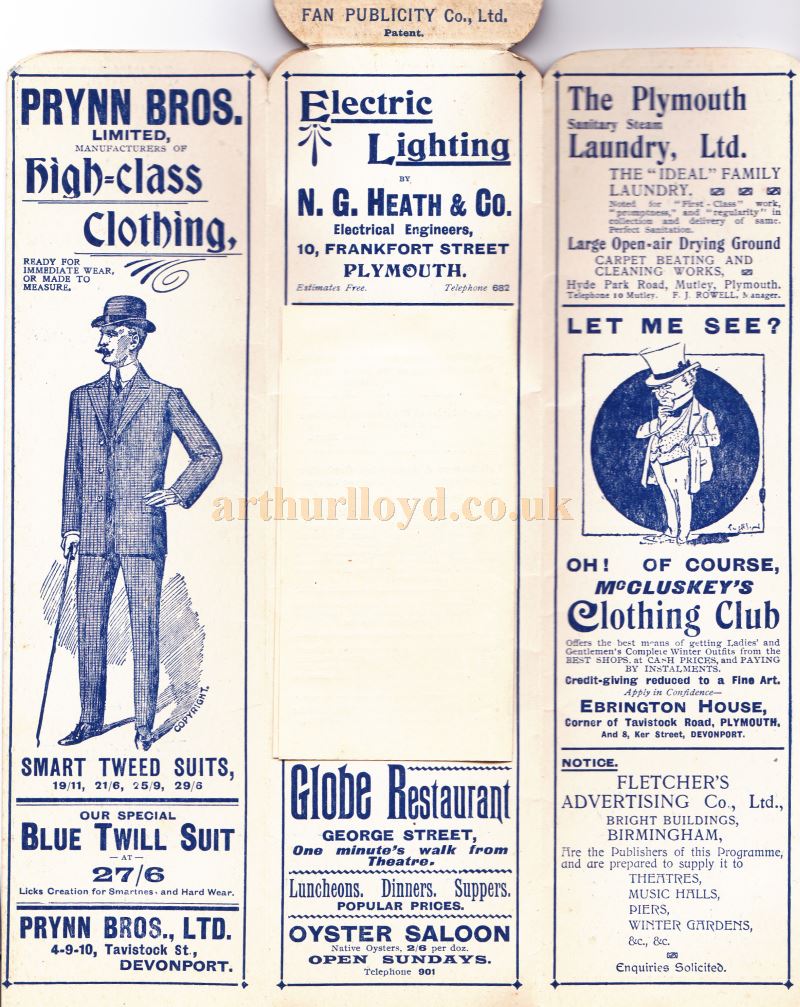 A Programme which converts into a Fan for a production of George Dance's Company in 'Miss Hook of Holland' at the Theatre Royal, Plymouth on Monday the 11th of November 1907