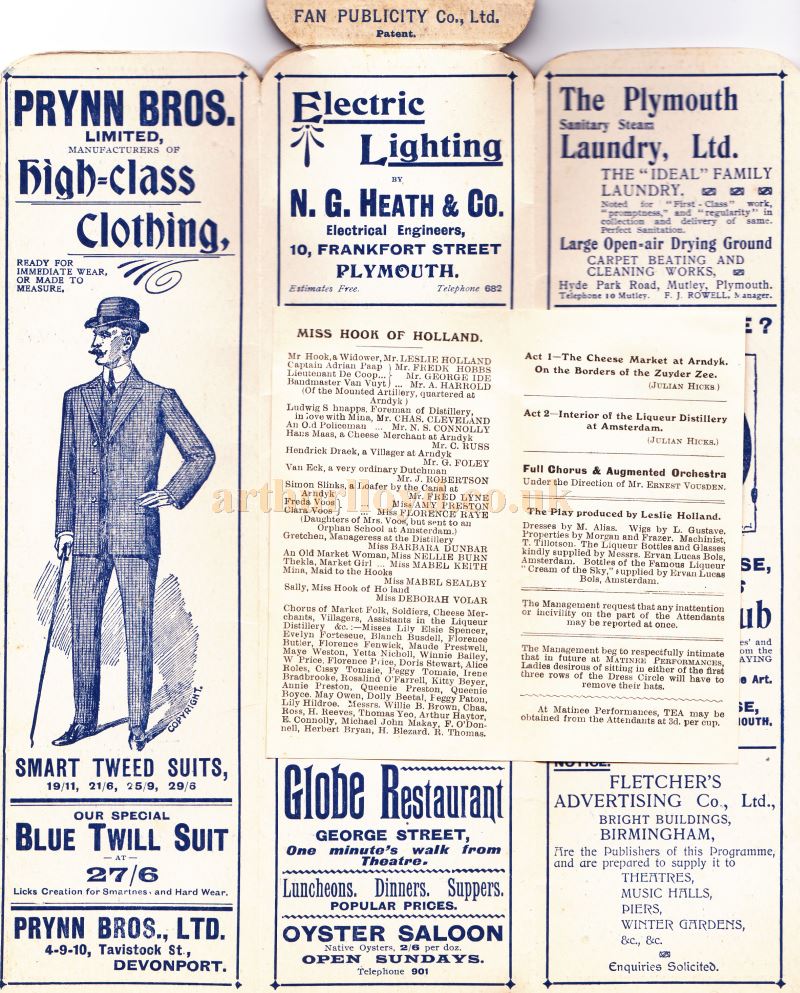 A Programme which converts into a Fan for a production of George Dance's Company in 'Miss Hook of Holland' at the Theatre Royal, Plymouth on Monday the 11th of November 1907