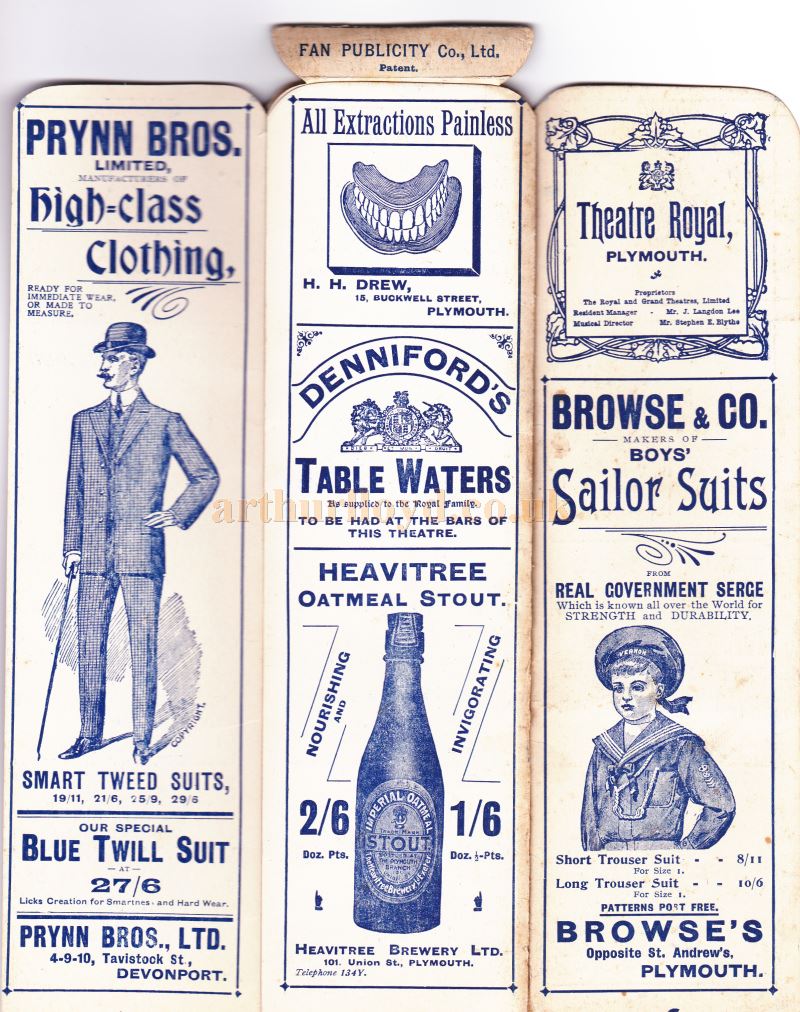 A Programme which converts into a Fan for a production of George Dance's Company in 'Miss Hook of Holland' at the Theatre Royal, Plymouth on Monday the 11th of November 1907