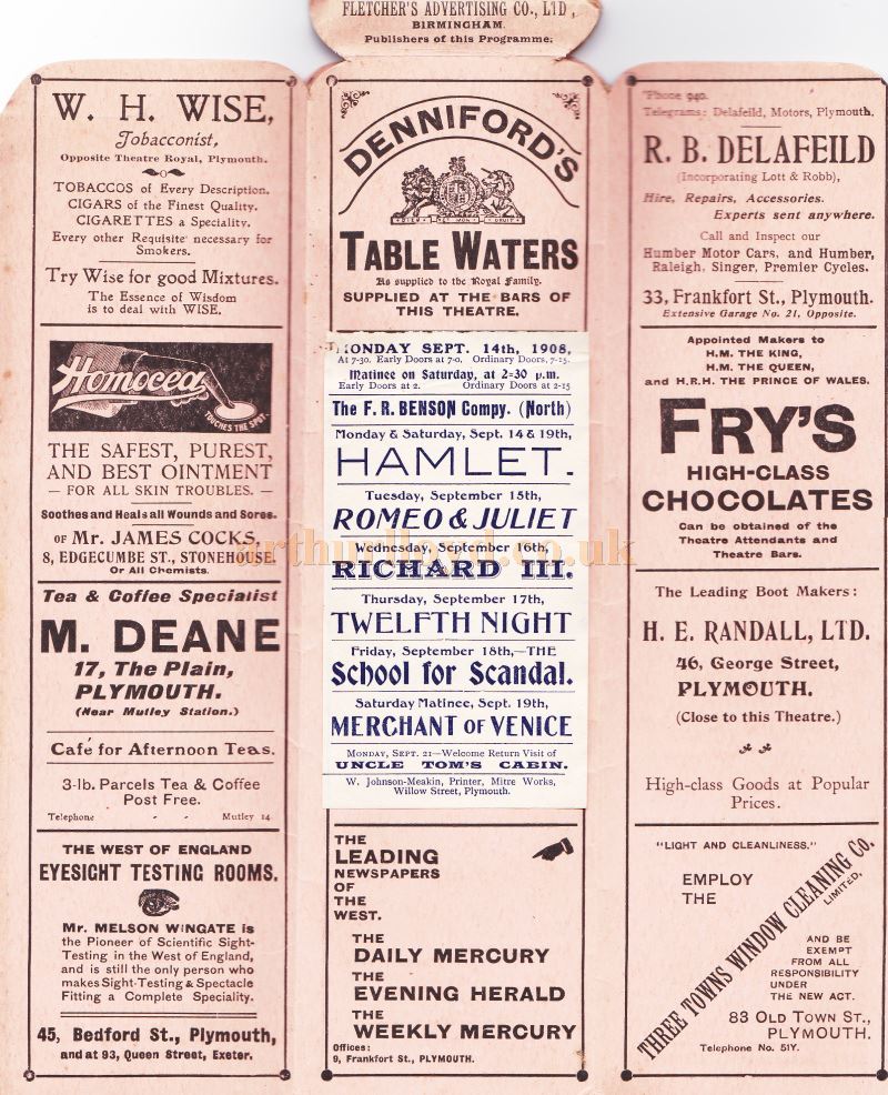 A Programme which converts into a Fan for a production of the F. R. Benson Company in 'Hamlet', 'Romeo & Juliet', 'Richard III', 'Twelfth Night', 'School For Scandal', 'Merchant of Venice', and 'Uncle Tom's Cabin' at the Theatre Royal, Plymouth from Monday September 14th 1908