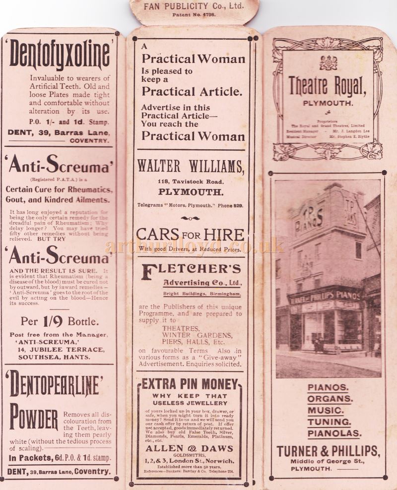 A Programme which converts into a Fan for a production of the F. R. Benson Company in 'Hamlet', 'Romeo & Juliet', 'Richard III', 'Twelfth Night', 'School For Scandal', 'Merchant of Venice', and 'Uncle Tom's Cabin' at the Theatre Royal, Plymouth from Monday September 14th 1908