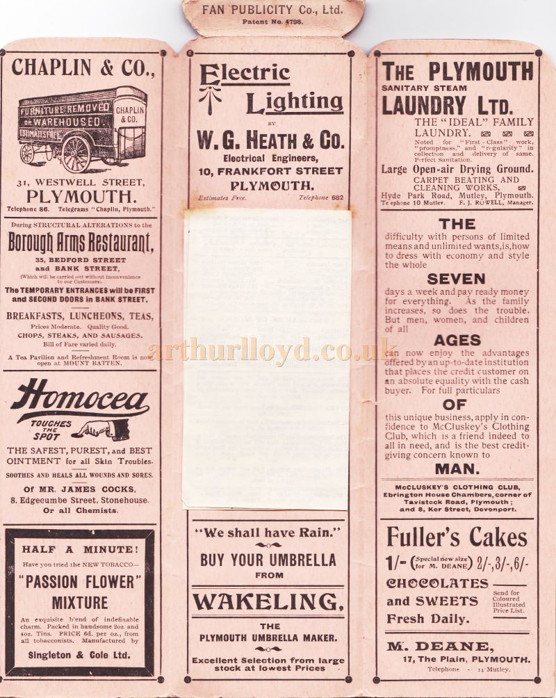 A Programme which converts into a Fan for a production of the F. R. Benson Company in 'Hamlet', 'Romeo & Juliet', 'Richard III', 'Twelfth Night', 'School For Scandal', 'Merchant of Venice', and 'Uncle Tom's Cabin' at the Theatre Royal, Plymouth from Monday September 14th 1908