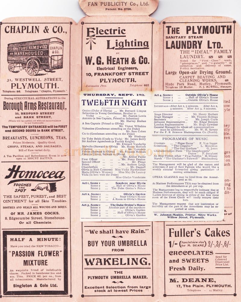 A Programme which converts into a Fan for a production of the F. R. Benson Company in 'Hamlet', 'Romeo & Juliet', 'Richard III', 'Twelfth Night', 'School For Scandal', 'Merchant of Venice', and 'Uncle Tom's Cabin' at the Theatre Royal, Plymouth from Monday September 14th 1908