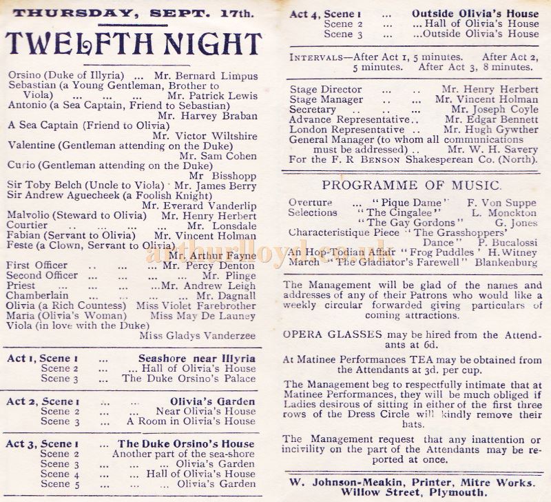 A Programme which converts into a Fan for a production of the F. R. Benson Company in 'Hamlet', 'Romeo & Juliet', 'Richard III', 'Twelfth Night', 'School For Scandal', 'Merchant of Venice', and 'Uncle Tom's Cabin' at the Theatre Royal, Plymouth from Monday September 14th 1908