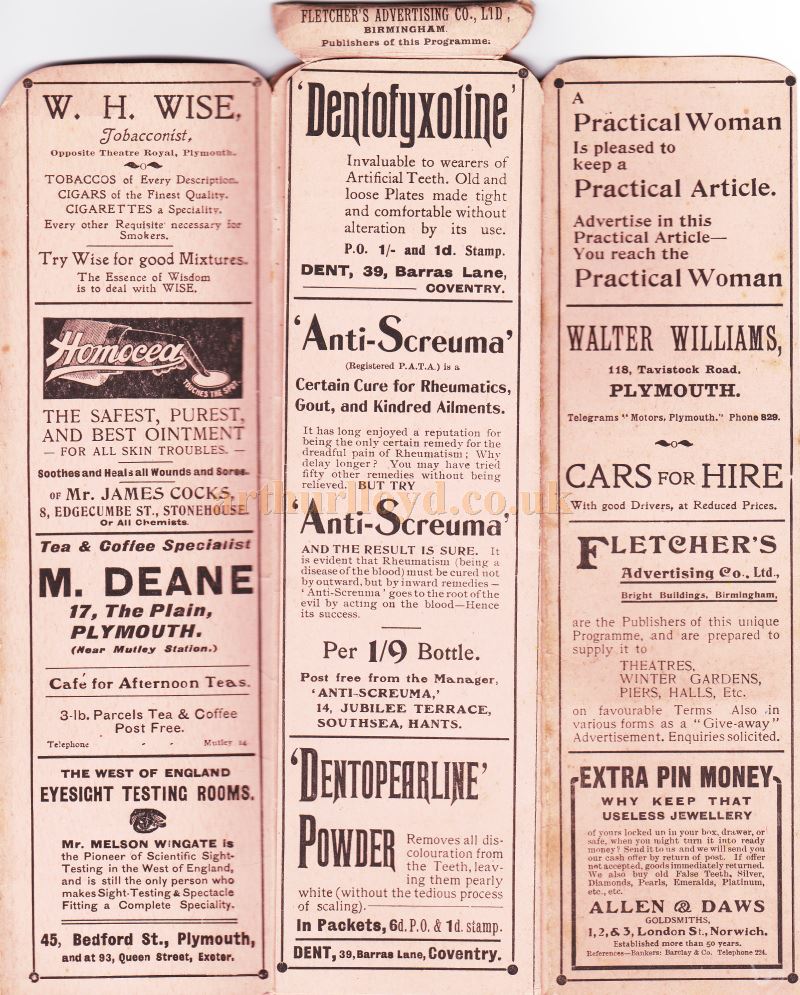 A Programme which converts into a Fan for a production of the F. R. Benson Company in 'Hamlet', 'Romeo & Juliet', 'Richard III', 'Twelfth Night', 'School For Scandal', 'Merchant of Venice', and 'Uncle Tom's Cabin' at the Theatre Royal, Plymouth from Monday September 14th 1908