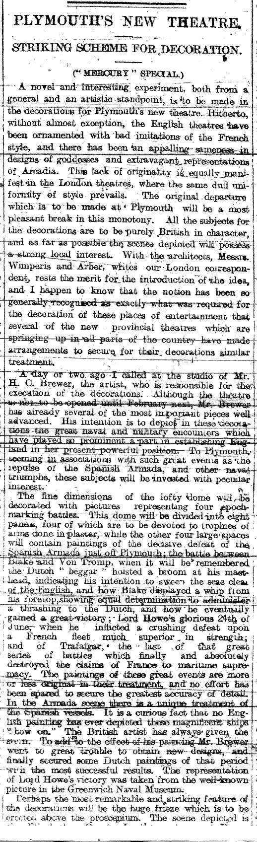 An article on the decorations of the Palace Theatre, Plymouth - From the Western Daily Mercury, 2nd of November 1897 - Courtesy Adrain Bridgman.