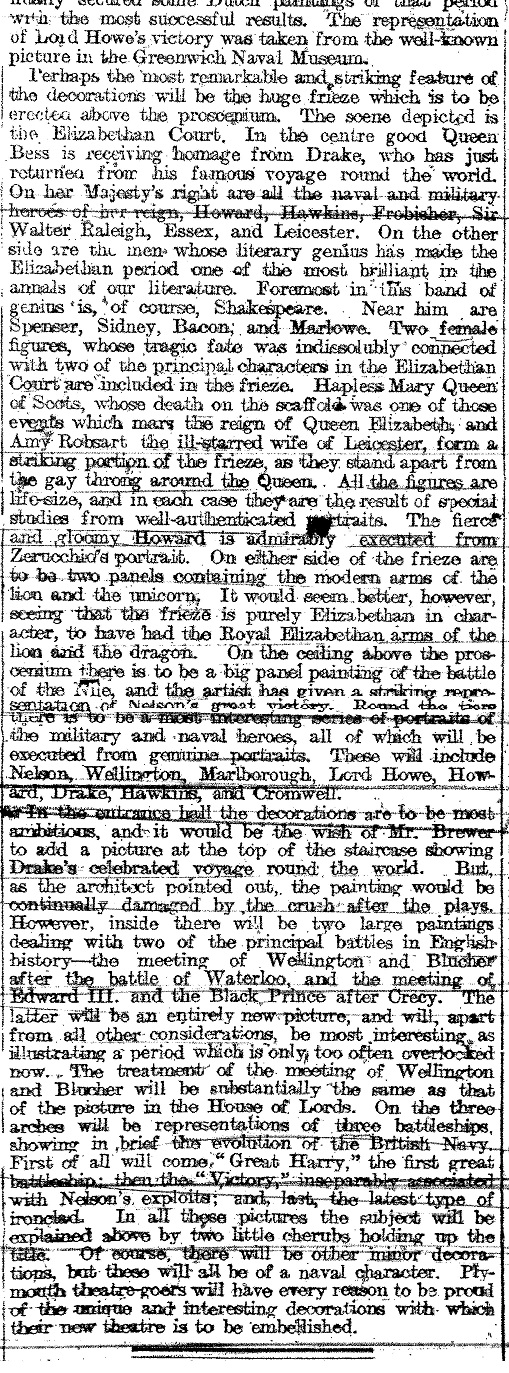 An article on the decorations of the Palace Theatre, Plymouth - From the Western Daily Mercury, 2nd of November 1897 - Courtesy Adrain Bridgman.