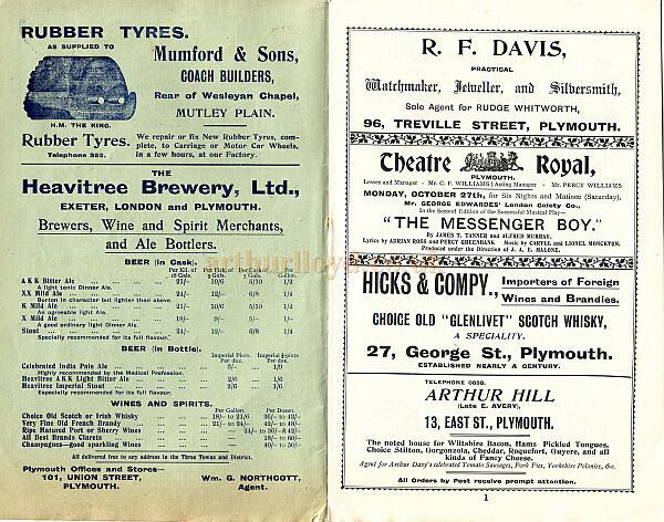 A Programme for 'The Messenger Boy' at The Theatre Royal Plymouth in the late 1800s.
