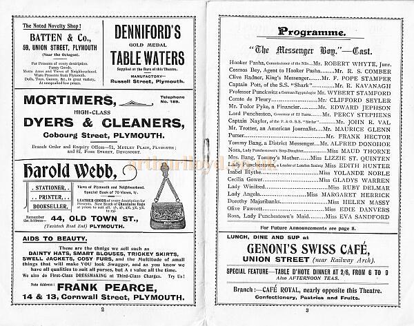 A Programme for 'The Messenger Boy' at The Theatre Royal Plymouth in the late 1800s.