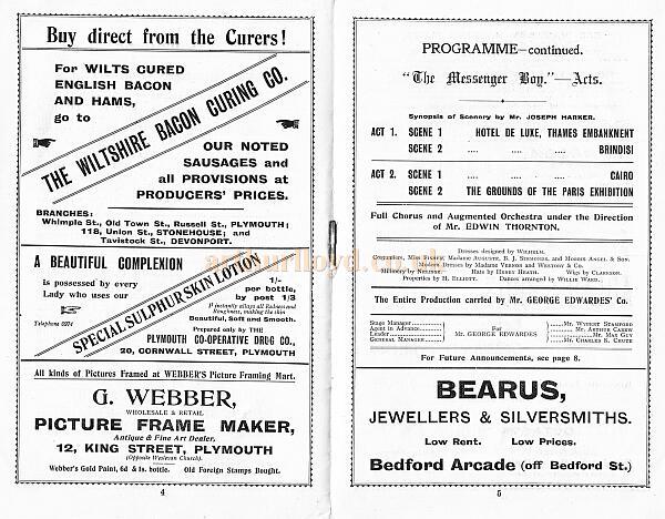 A Programme for 'The Messenger Boy' at The Theatre Royal Plymouth in the late 1800s.