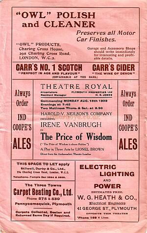 A Programme for 'The Price of Wisdom' at the Theatre Royal, Plymouth in 1932