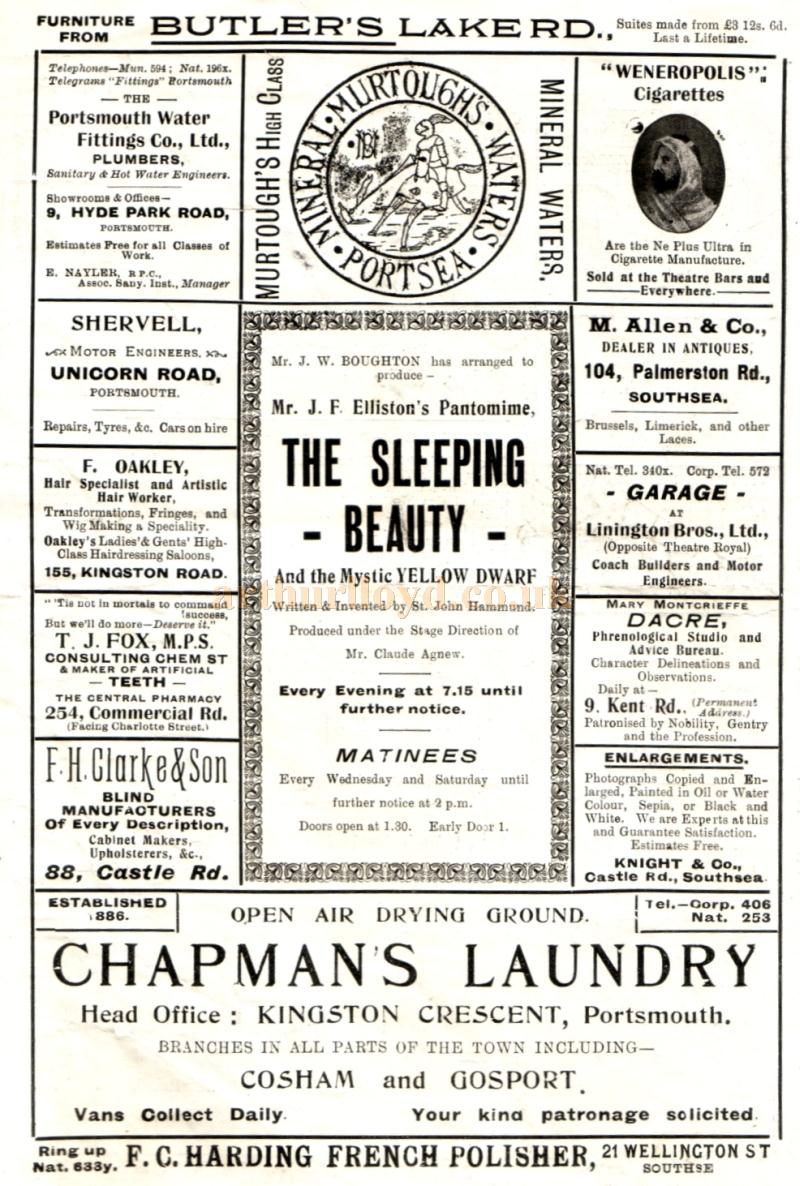 A programme for the pantomime 'Sleeping Beauty' at the present Theatre Royal, Portsmouth for Christmas 1909 / 1910