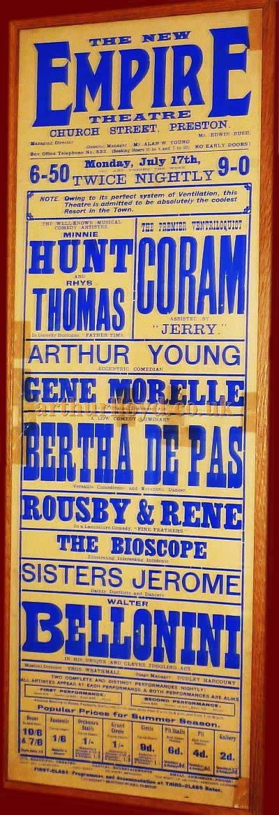 A Poster for a variety show at the Empire Theatre, Preston in July 1911 - Courtesy Paul Bland.