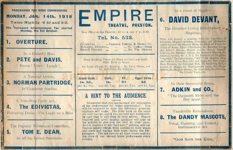 A Variety Programme for the Empire Theatre, Preston for January the 14th 1918 - Courtesy David USA.