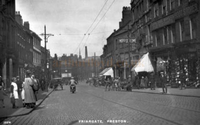 A postcard showing Friargate Street and the Preston Hippodrome