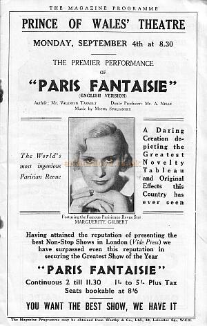Programme for 'Folies Bergere - Paris Fantaisie' at the Prince of Wales Theatre - 1933