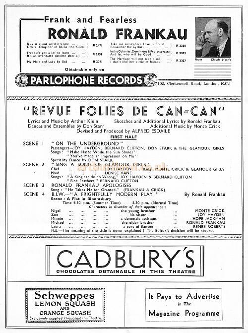 Programme for 'Folies De Can-Can' at the newly built Prince Of Wales Theatre in 1938