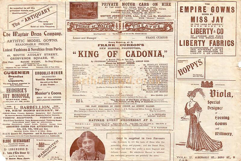 Programme for 'King of Cadonia' at the Prince of Wales Theatre 1908