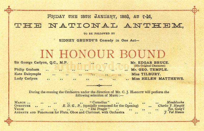 The opening night programme for the Prince's Theatre on the Friday the 18th of January 1884 - Courtesy Alison Piano